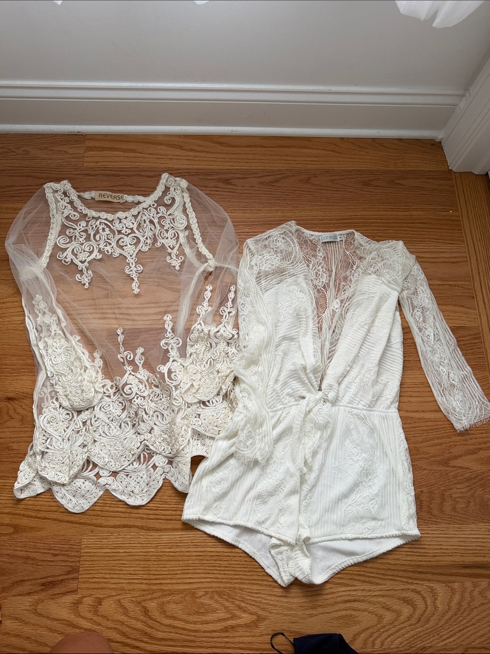 Sheer Embroidered Lace Top & Lace Romper Set in Ivory